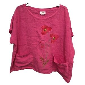 Odile Linen Shirt Top Hot Pink Hand Painted Flowers Vintage Pockets Sz Small